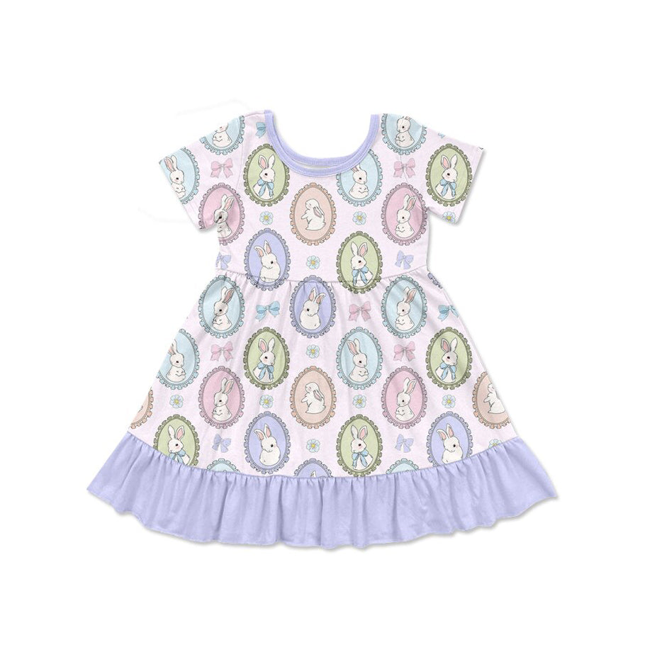 Baby Girls Colorful Bows Rabbits Easter Ruffle Knee Length Dresses Preorder