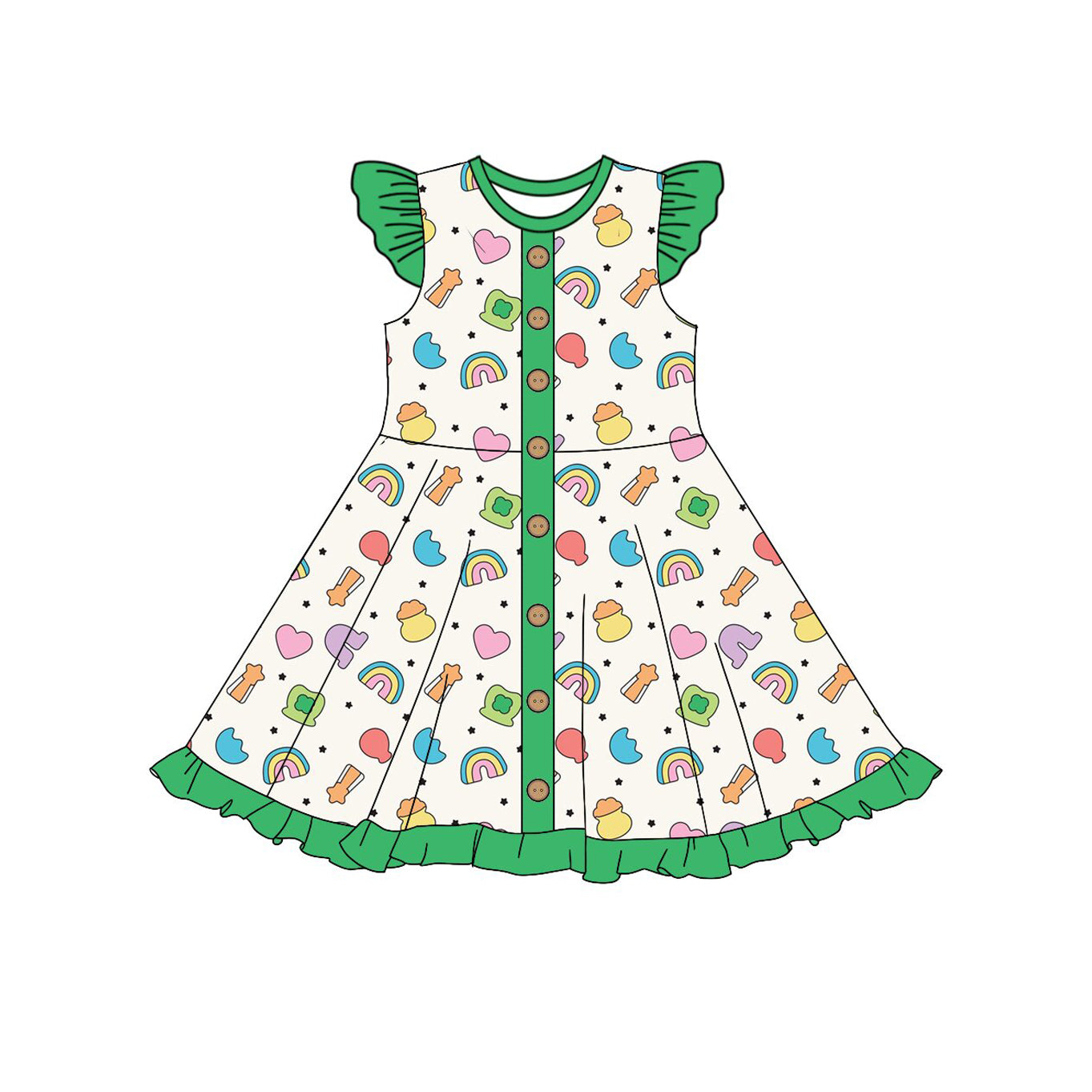 Baby Girls Clovers Rainbows St Patrick Button Ruffle Knee Length Dresses Preorder