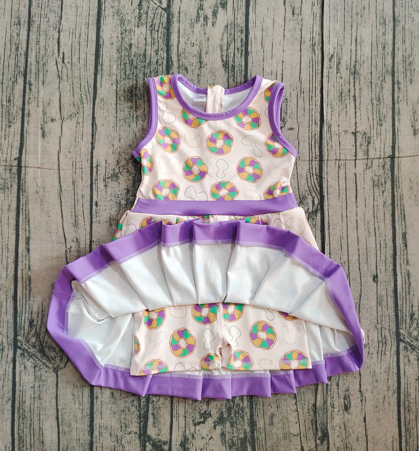 Baby Girls Mardigras Donuts Plaid Back Zip Shorts Yoga Knee Length Dresses Preorder