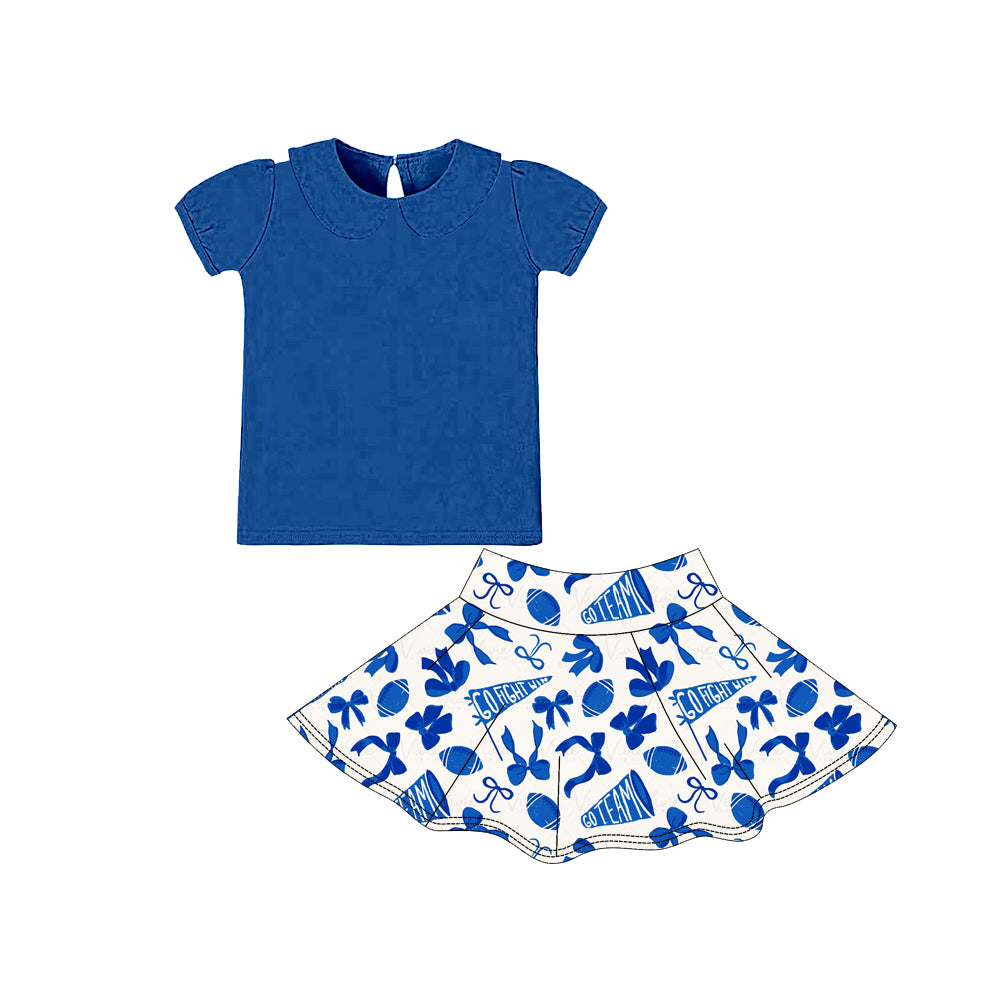 Baby Girls Hot Blue Short Ruffle Sleeve Bows Go Team Yoga Clothes Sets Preorder