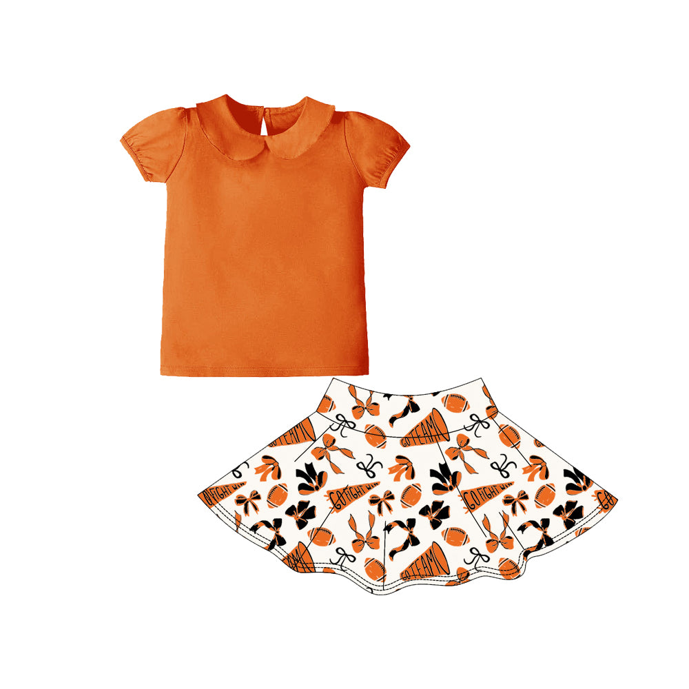 Baby Girls Orange Short Ruffle Sleeve Bows Go Team Yoga Clothes Sets Preorder