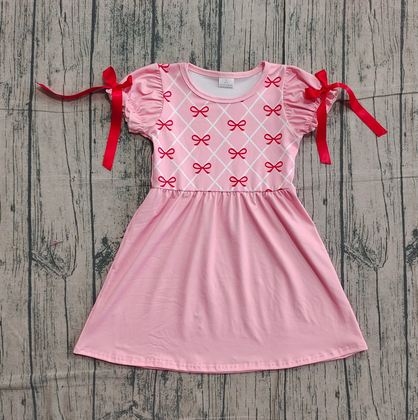 Baby Girls Pink Bows Checked Ruffle Sleeve Valentines Knee Length Dresses Preorder