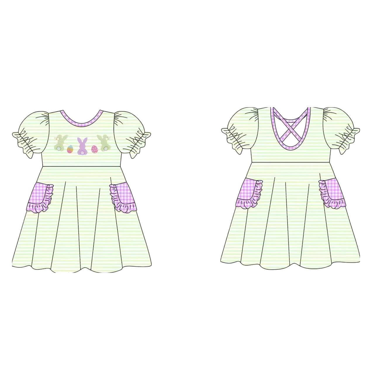 Baby Girls Stripe Rabbits Eggs Pockets Easter Knee Length Dresses Preorder