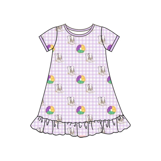 Baby Girls Mardigras Boots Donuts Checked Ruffle Knee Length Dresses Preorder