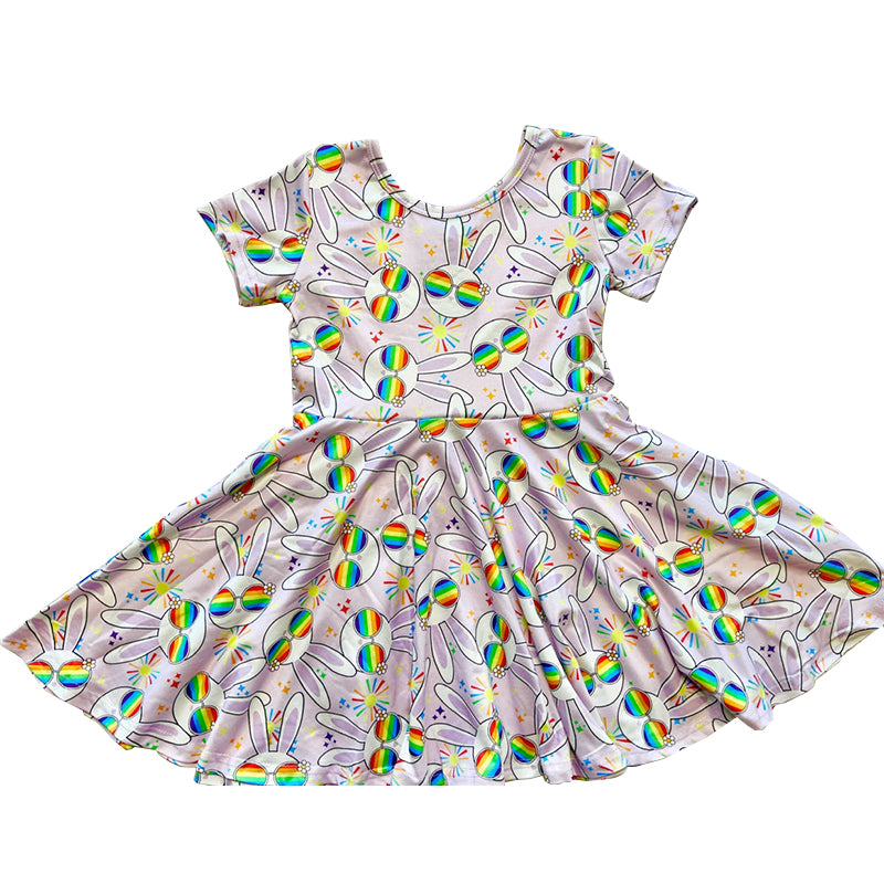 Baby Girls Short Sleeve Rabbits Stars Easter Knee Length Dresses Preorder