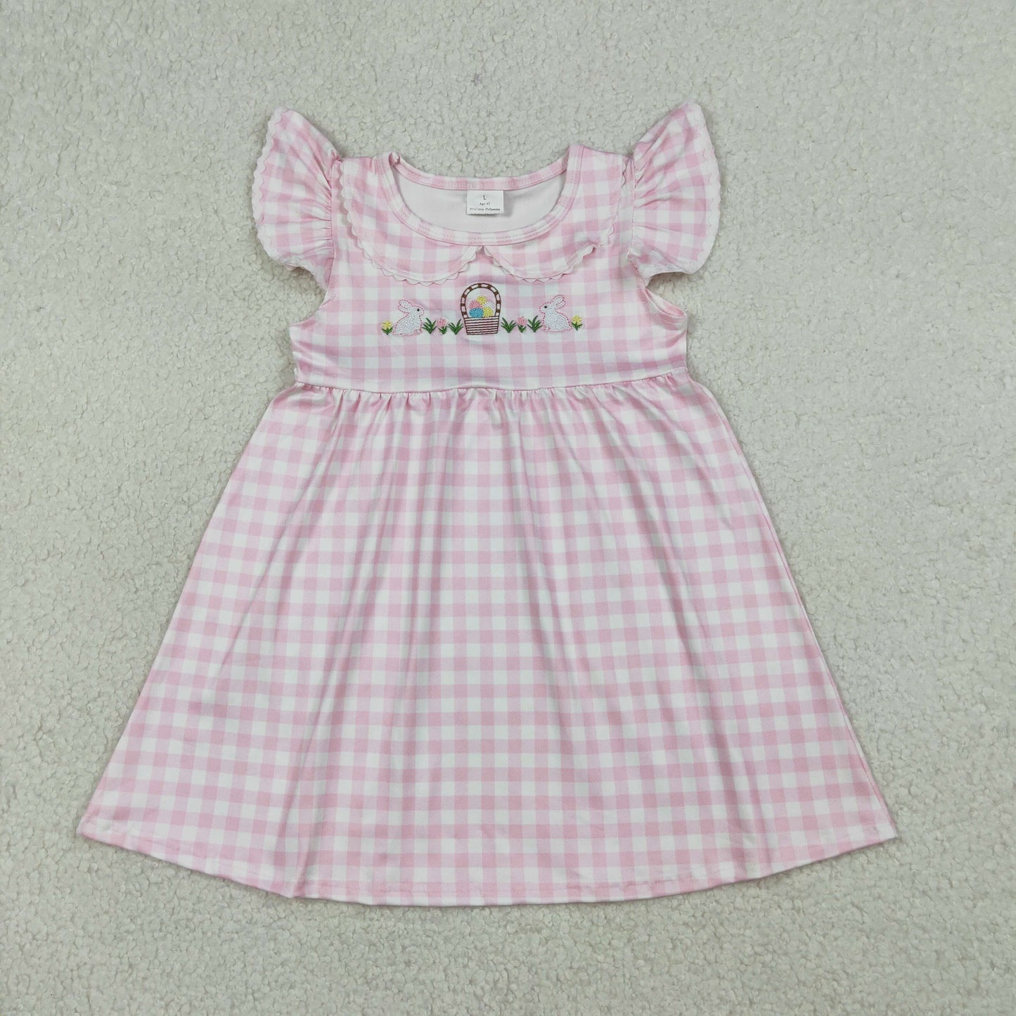 Embroidery Rabbits Eggs Baby Girls Pink Checked Easter Knee Length Dresses