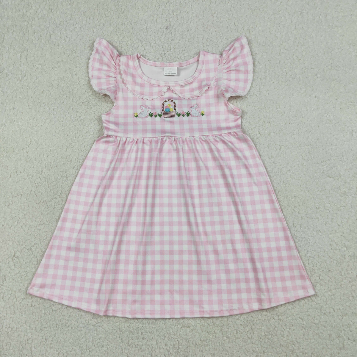 Sibling Baby Girls Pink Checked Embroidery Rabbits Eggs Easter Knee Length Dress Rompers