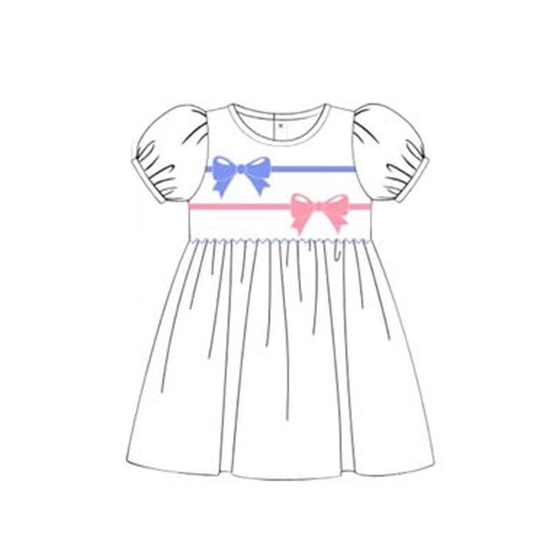 Baby Girls Blue Pink Bows Ruffle Sleeve Knee Length Dresses Preorder