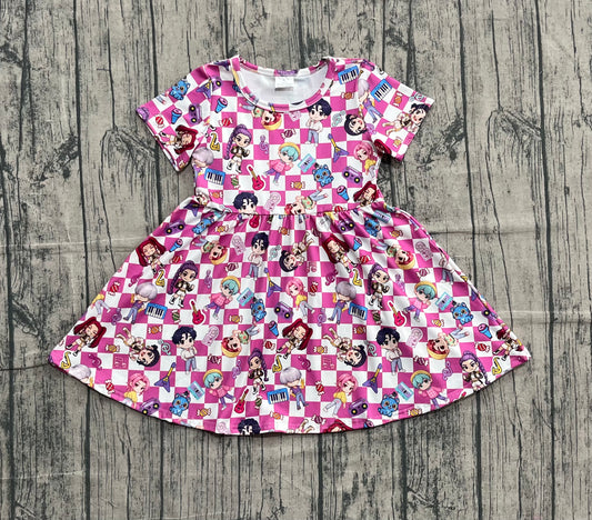 Baby Girls Short Sleeve Pink Checked Demon Hunter Knee Length Dresses