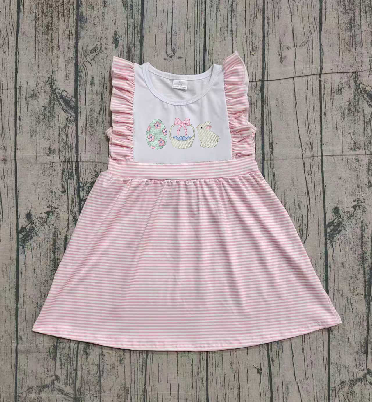 Embroidery Rabbit Eggs Baby Girls Pink Stripe Easter Knee Length Dresses Preorder