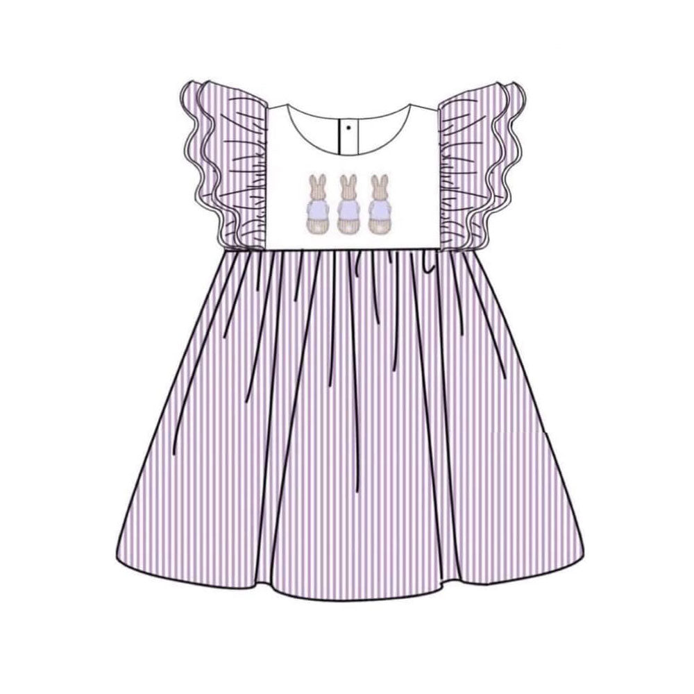 Baby Girls Stripe Rabbits Easter Flutter Sleeve Knee Length Dresses Preorder