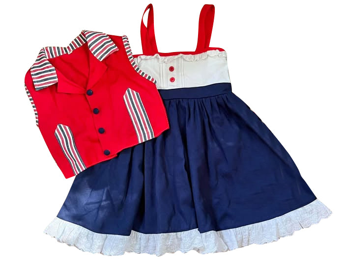 Baby Girls Strap Knee length Dress Button Shirts July 4th 2 Piece Clothes Sets Preorder