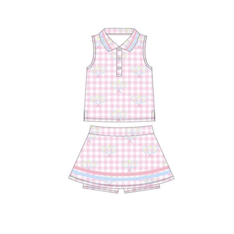 Baby Girls Pink Checked Tennis Button Top Skirt Shorts Yoga Clothes Set Preorder