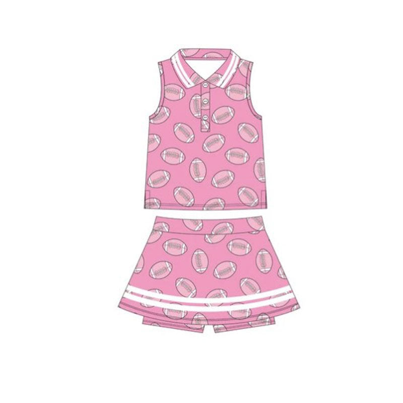 Baby Girls Pink Footballs Plaid Button Top Skirt Shorts Yoga Clothes Set Preorder