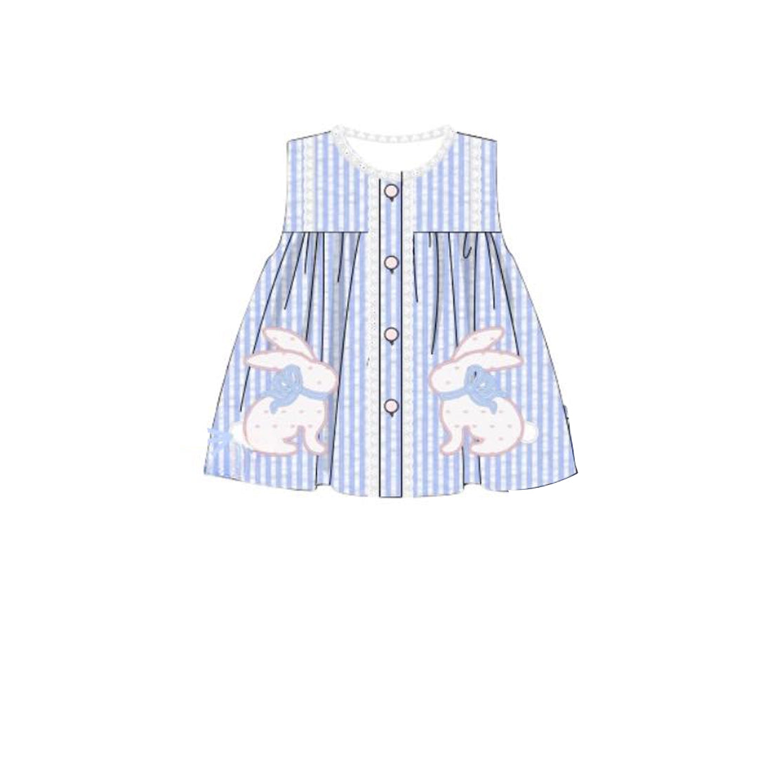 Baby Girls Sleeveless Blue Stripe Rabbits Button Easter Knee length Dresses Preorder