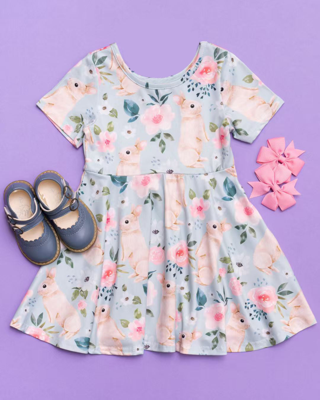 Baby Girls Pink Flowers Rabbits Easter Knee length Dresses Preorder