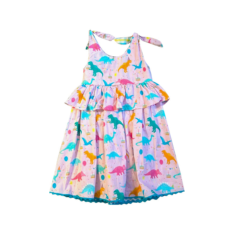 Baby Girls Bows Sleeveless Colorful Dinosaurs Ruffle Knee Length Dresses Preorder