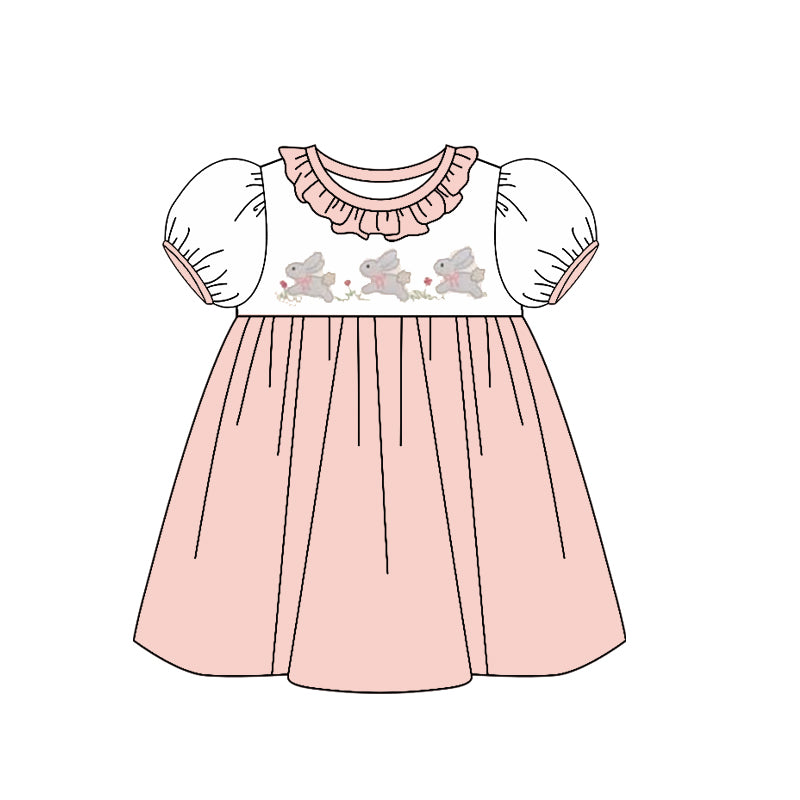 Baby Girls Peach Rabbits Easter Collar Knee length Dresses Preorder