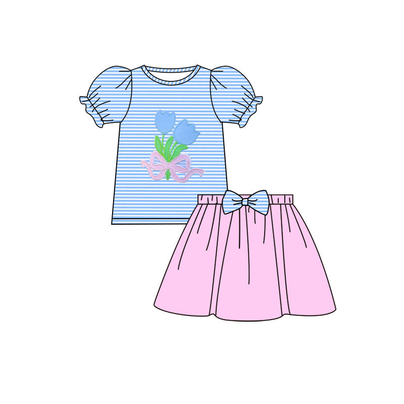 Baby Girls Blue Stripe Flowers Bows Top Pink Skirts Clothes Sets Preorder