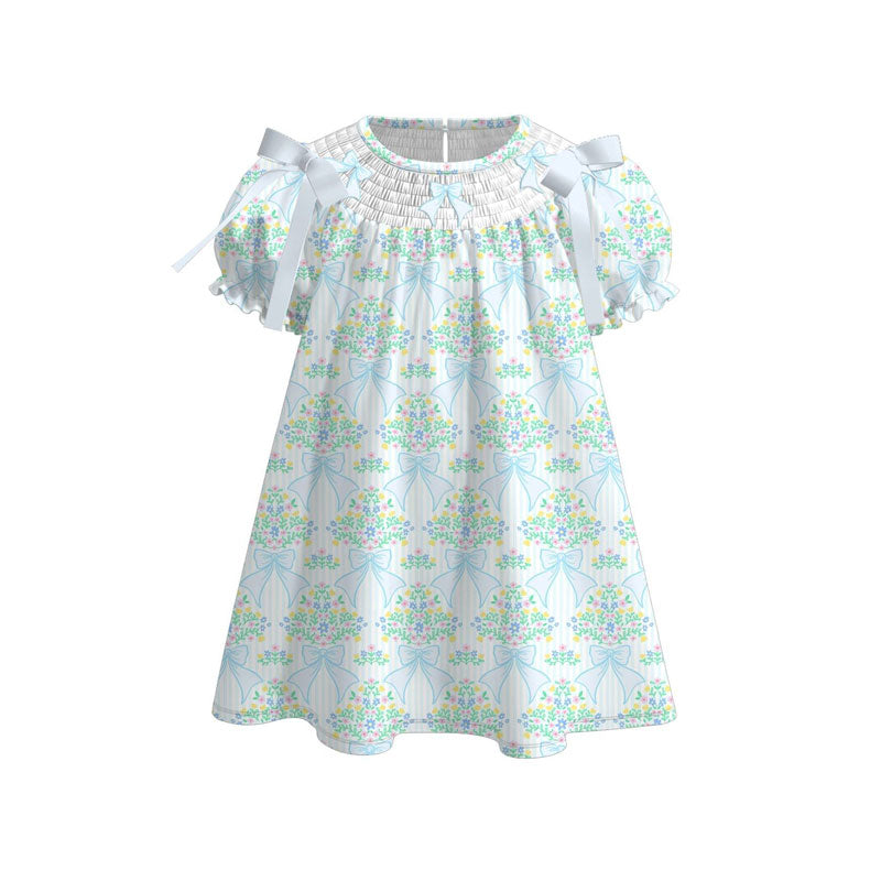 Baby Girls Green Flowers Bows Ruffle Sleeve Knee Length Dresses Preorder
