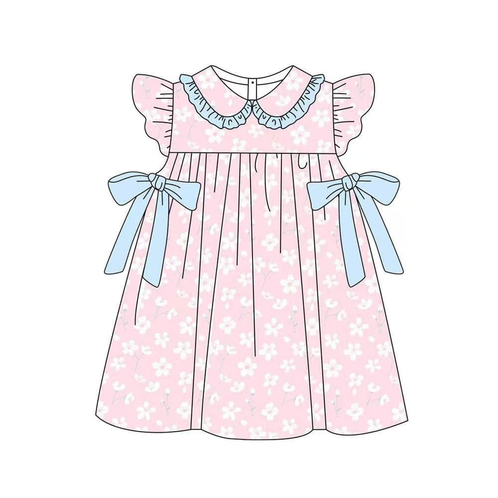 Baby Girls Pink Flowers Bows Collar Knee Length Dresses Preorder