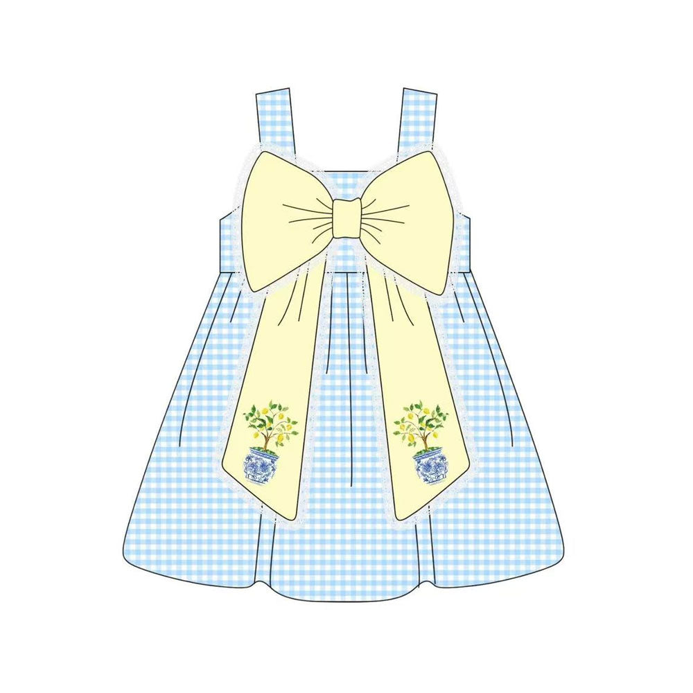 Baby Girls Blue Checked Strap Flowers Bows Knee Length Dresses Preorder