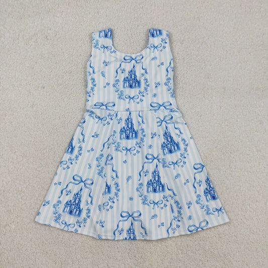 Sibling Baby Girls Blue Stripe Bows Castles Tunic Pant Set Dresses Rompers