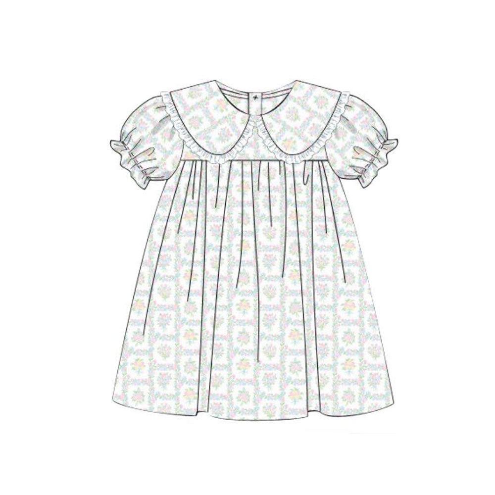 Baby Girls Short Sleeve Ruffle Flowers Checked Knee Length Dresses Preorder