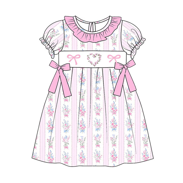 Baby Girls Pink Flowers Hearts Stripe Bows Valentine Knee Length Dress Preorder