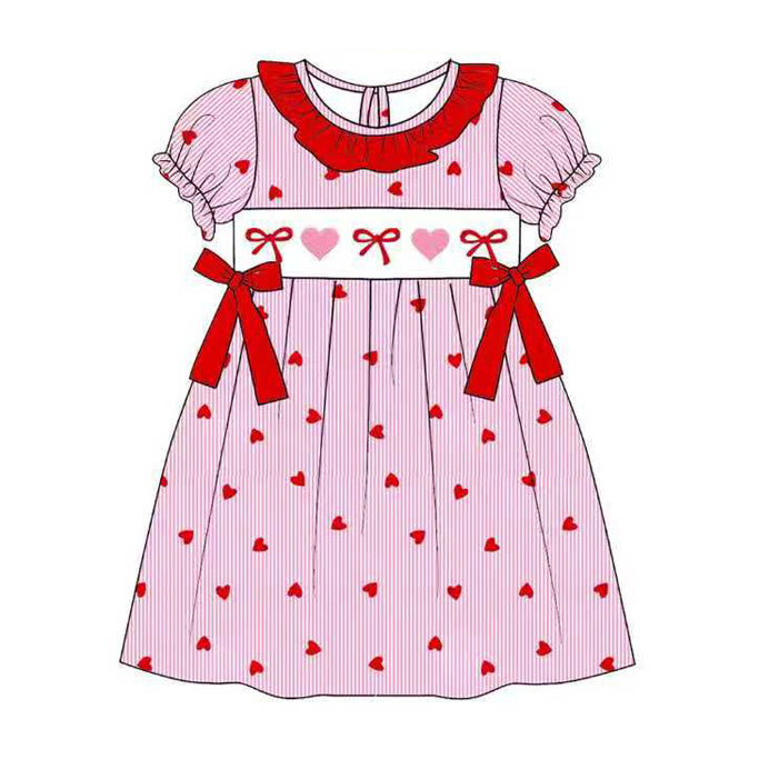 Baby Girls Red Hearts Stripe Bows Valentine Knee Length Dress Preorder