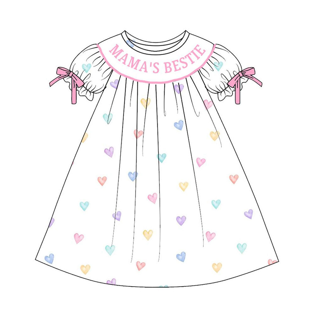 Baby Girls Short Ruffle Sleeve Colorful Hearts Mama's Bestie Knee Length Dress Preorder
