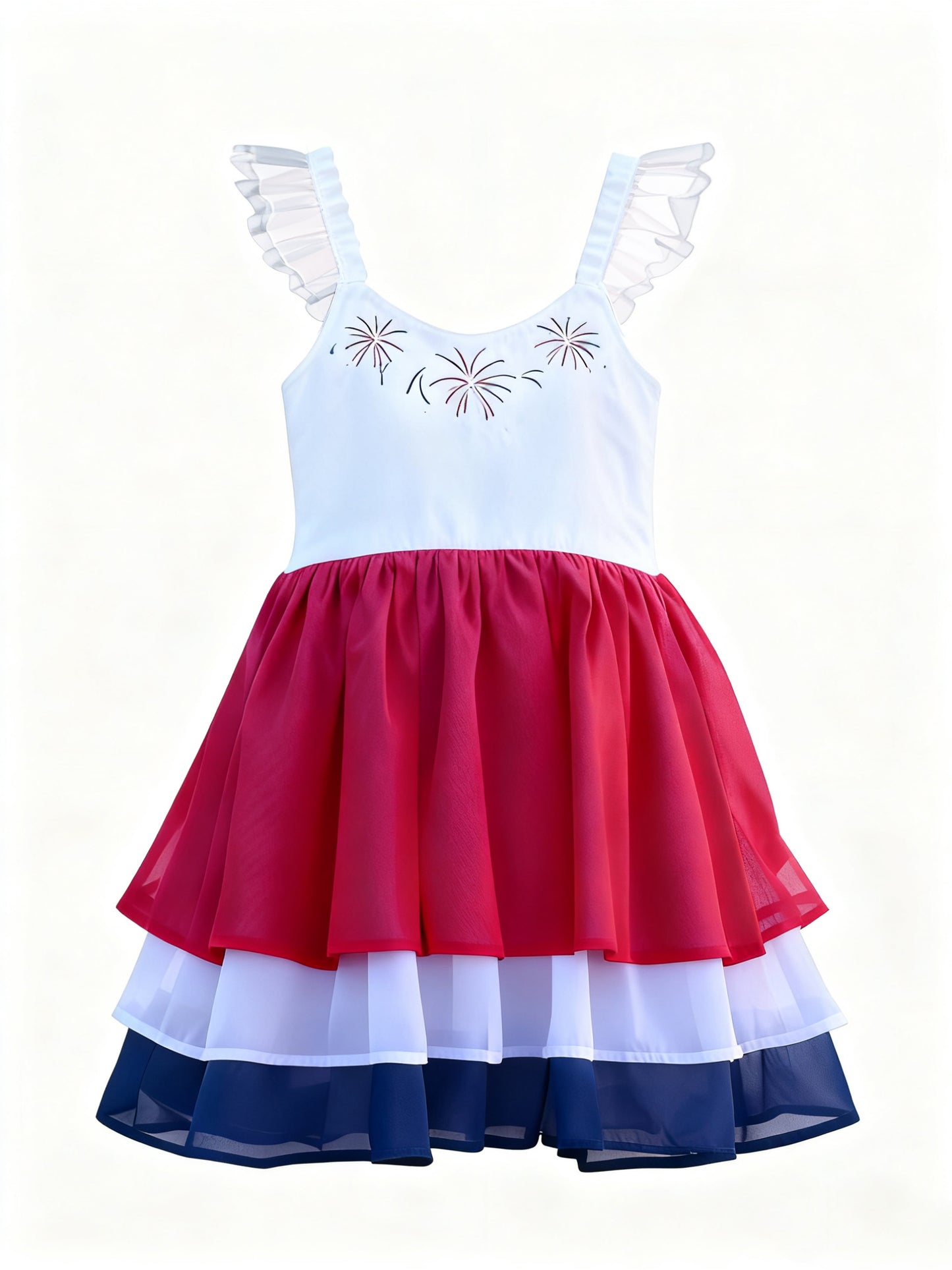 Baby Girls Flutter Sleeve Fireworks July 4th Ruffle Knee Length Dress Preorder