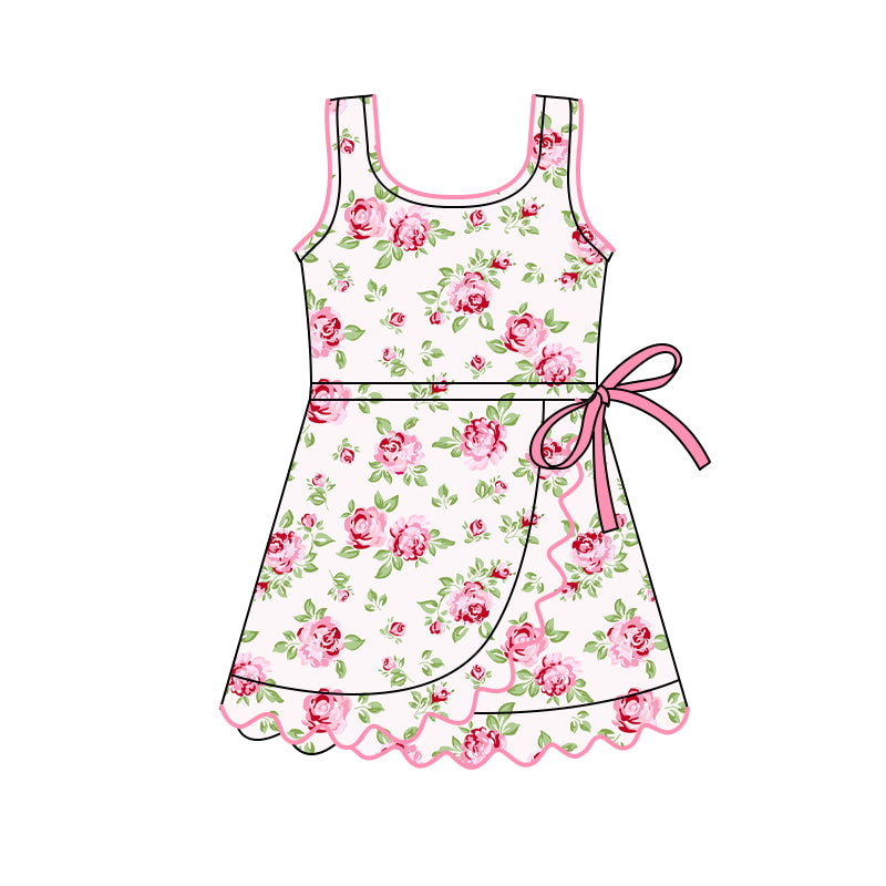 Baby Girls Sleeveless Pink Flowers Shorts Yoga Ruffle Knee Length Dresses Preorder