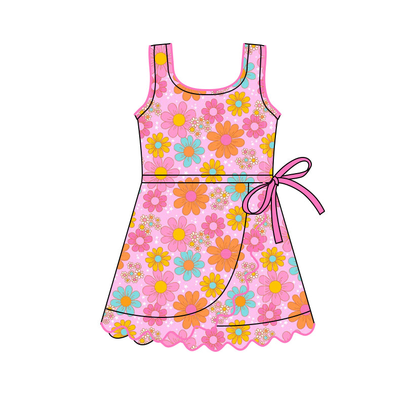 Baby Girls Sleeveless Colorful Flowers Shorts Yoga Ruffle Knee Length Dresses Preorder