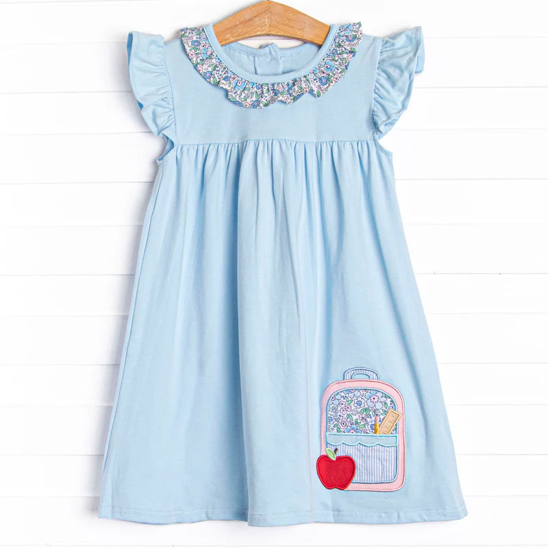 Baby Girls Blue Floral Collar Back to School Bags Apple Knee Length Dresses Preorder