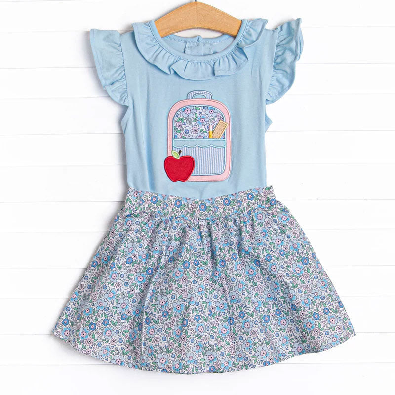 Baby Girls Blue Collar Back to School Bags Apple Top Skirts Clothes Set Preorder