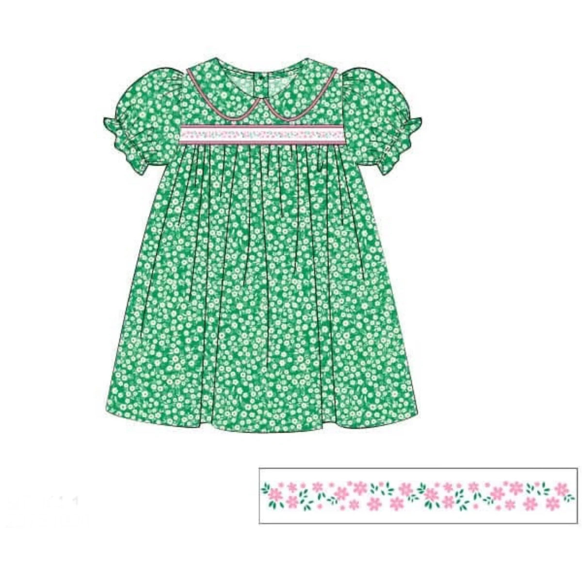Baby Girls Green Pink Floral Collar Knee Length Dresses Preorder