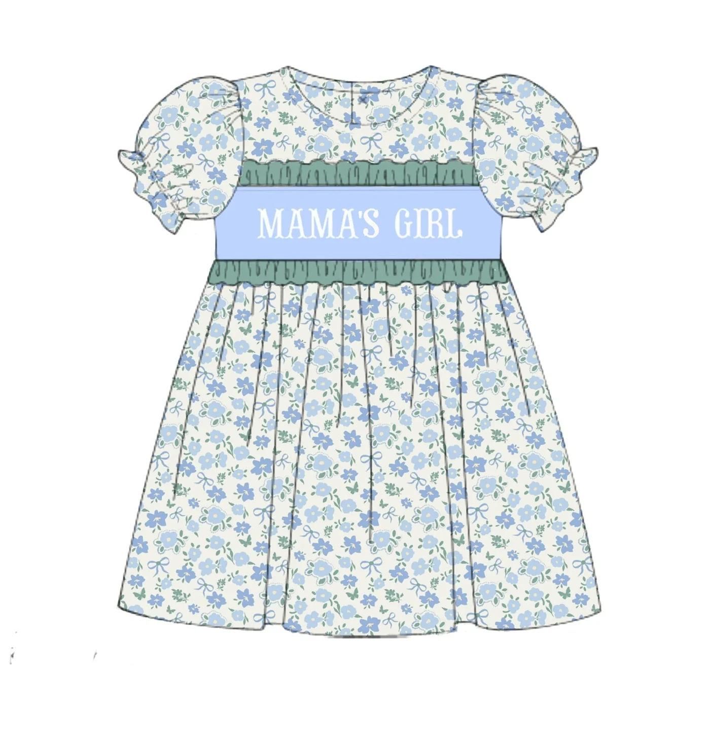 Baby Girls Blue Flowers Bows Mama's Girl Knee Length Dresses Preorder