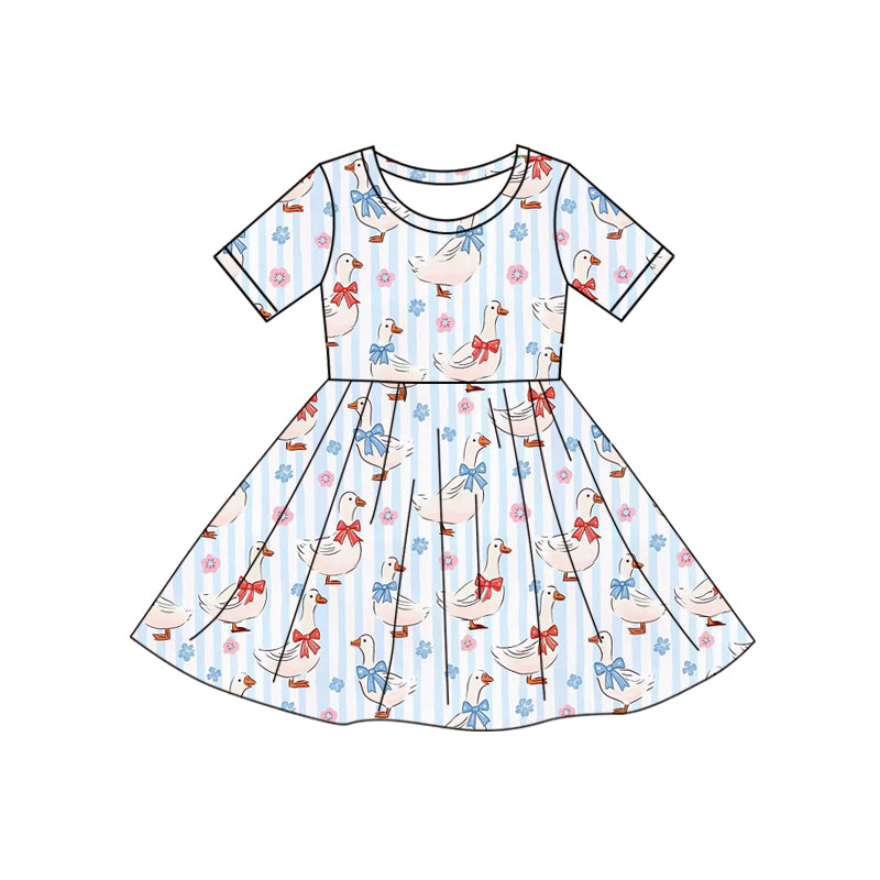 Baby Girls Blue Stripe Flowers Bows Gooses Knee Length Dresses Preorder