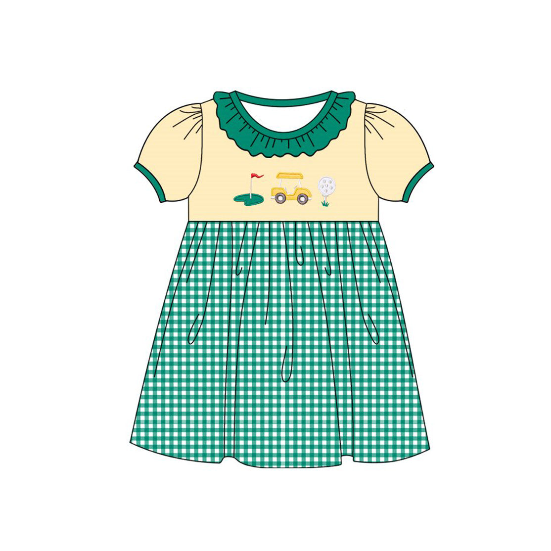 Baby Girls Golf Trucks Green Checked Collar Knee Length Dresses Preorder
