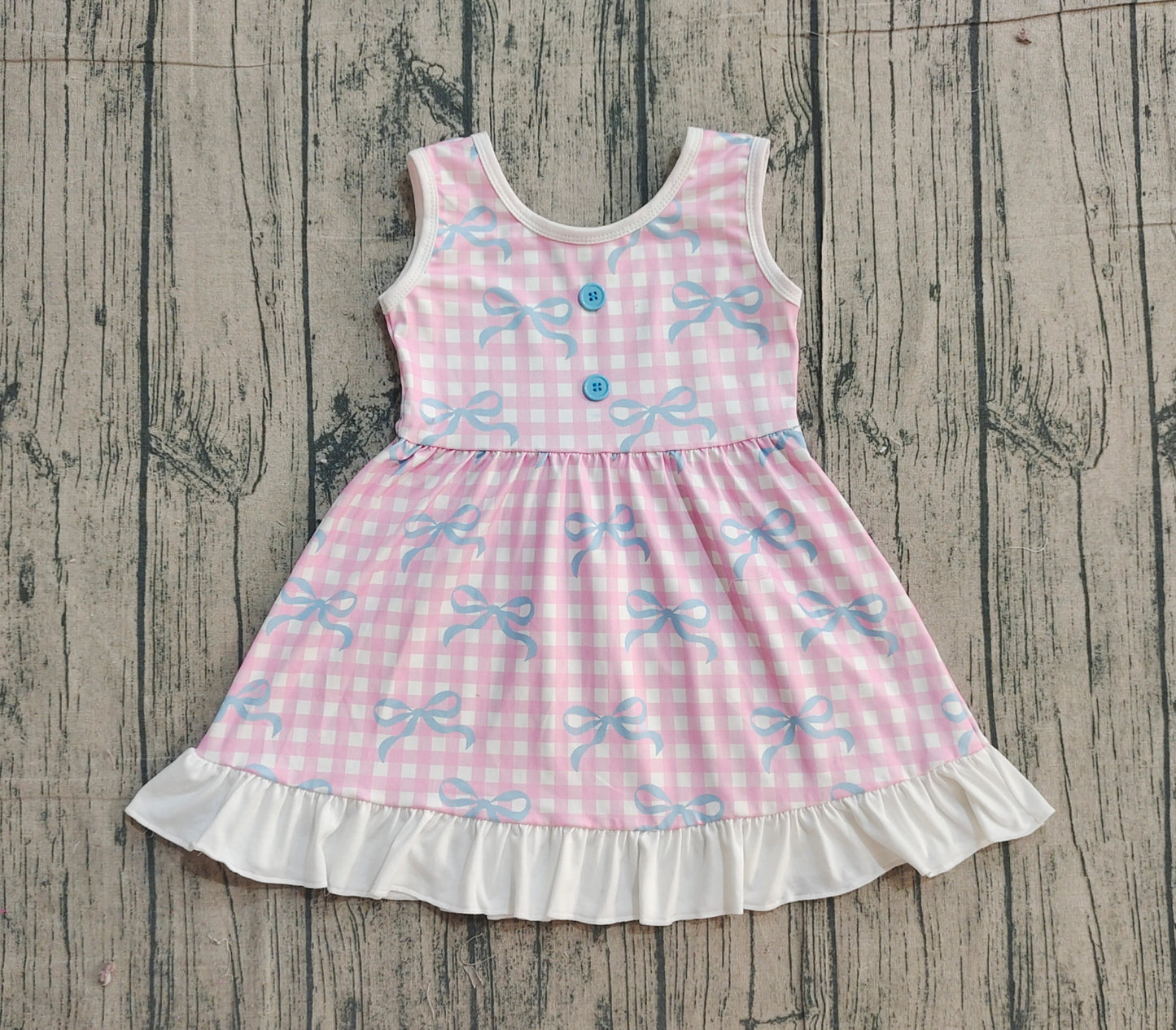 Baby Girls Pink Checked Bows Sleeveless Ruffle Knee Length Dresses Preorder