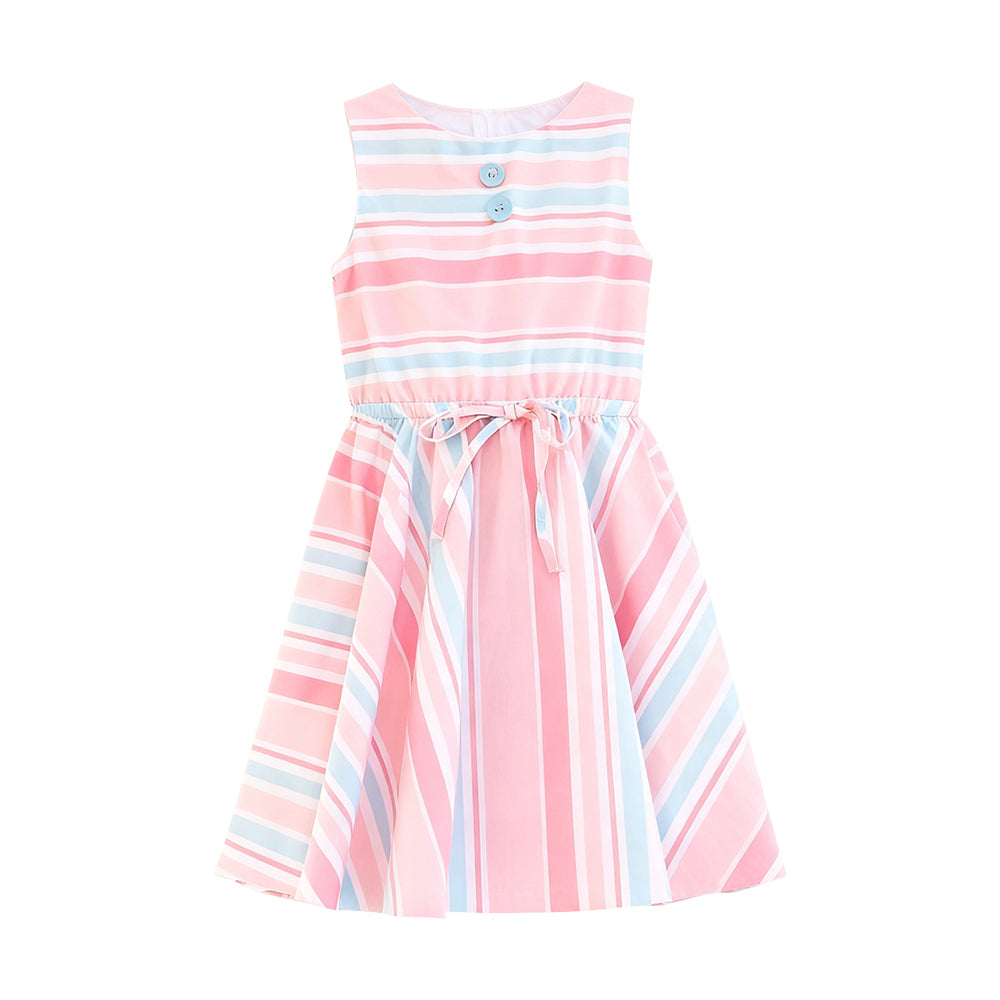 Baby Girls Sleeveless Stripes Button Bows Knee Length Dresses Preorder