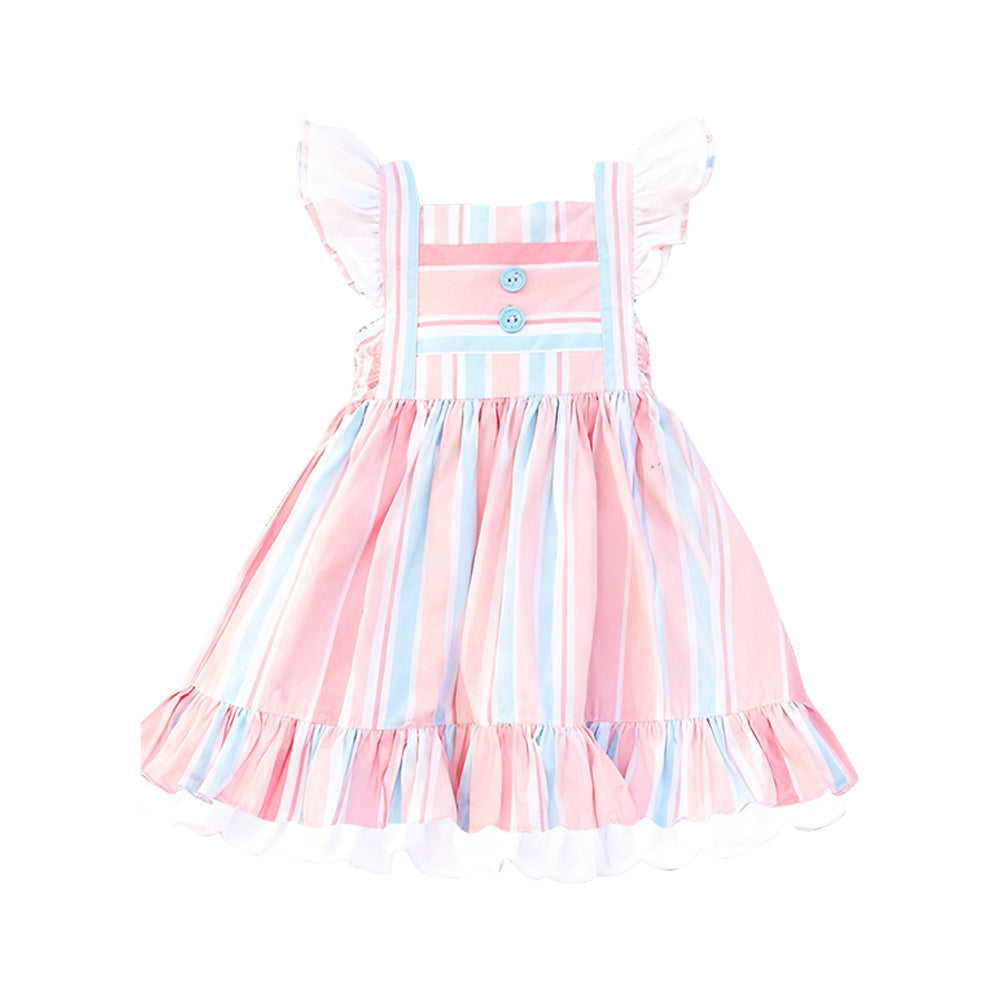 Baby Girls Flutter Sleeve Stripes Button Ruffle Knee Length Dresses Preorder