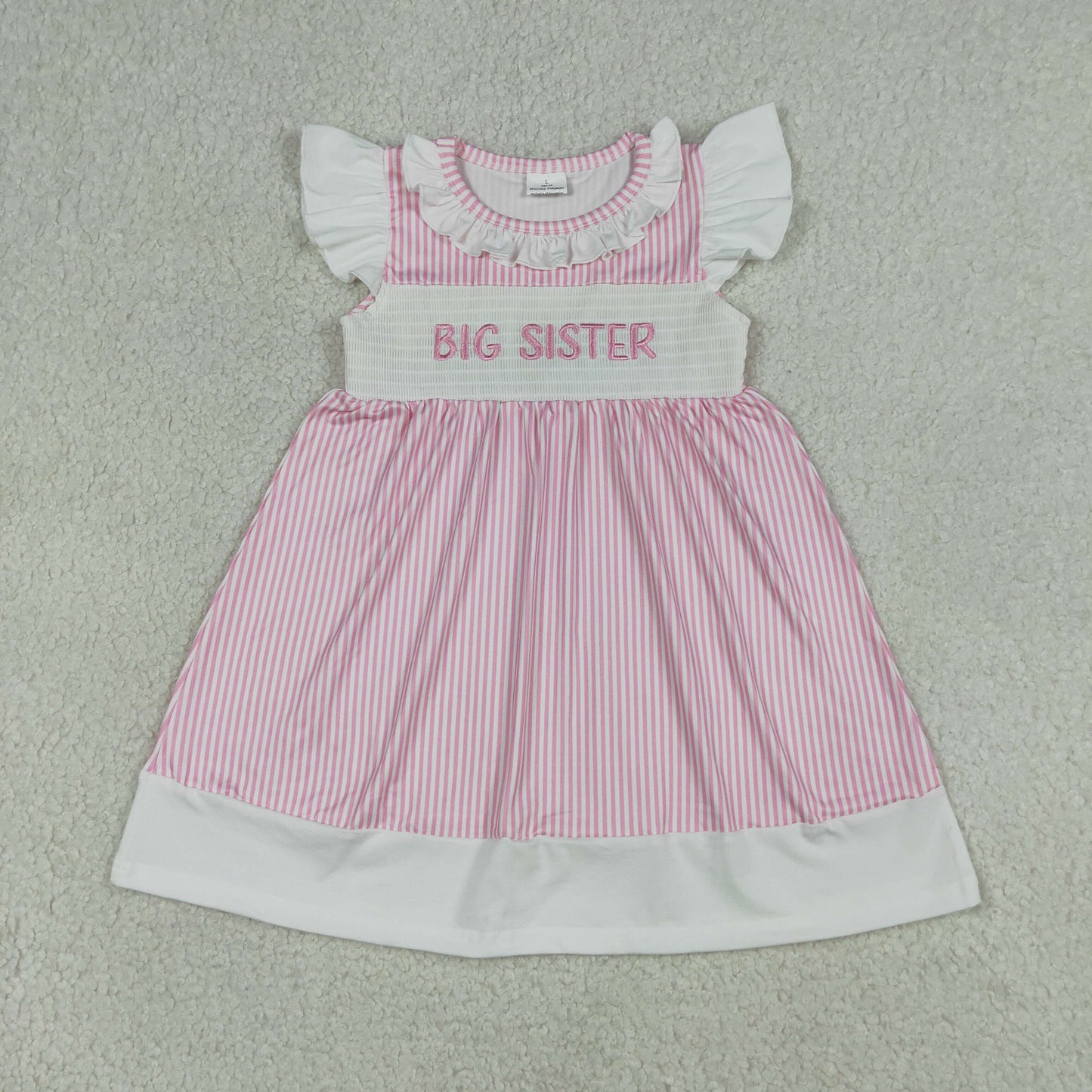Smocked Big Sister Baby Girls Flutter Sleeve Pink Stripe Knee Length Dresses