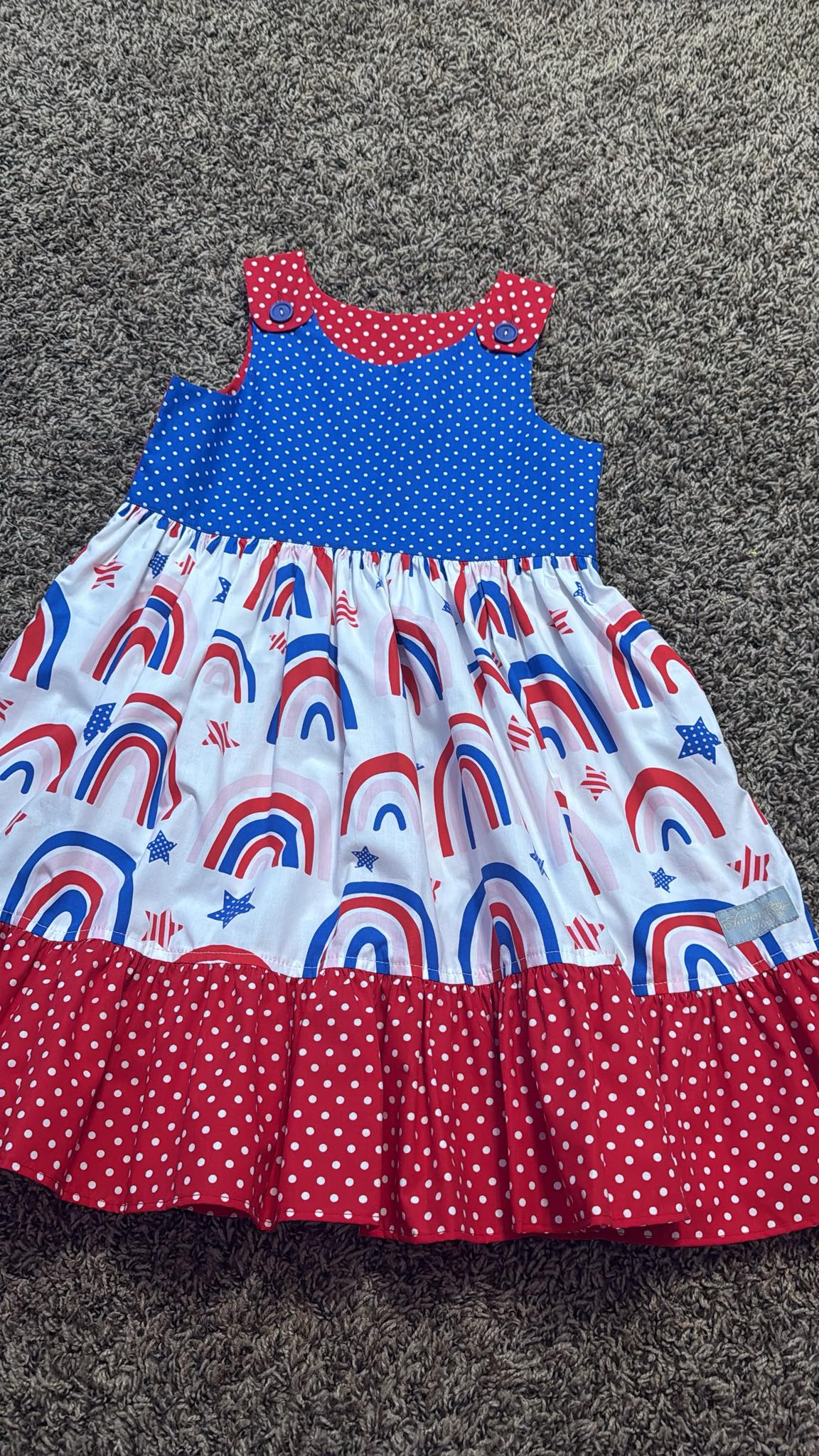 Baby Girls Blue Red Rainbows Polka Dots 4th of July Knee Length Dresses Preorder