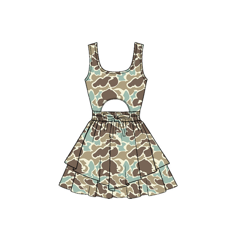 Baby Girls Southern Camo Sleeveless Vest Ruffle Bottom Yoga Shorts Knee Length Dresses Preorder