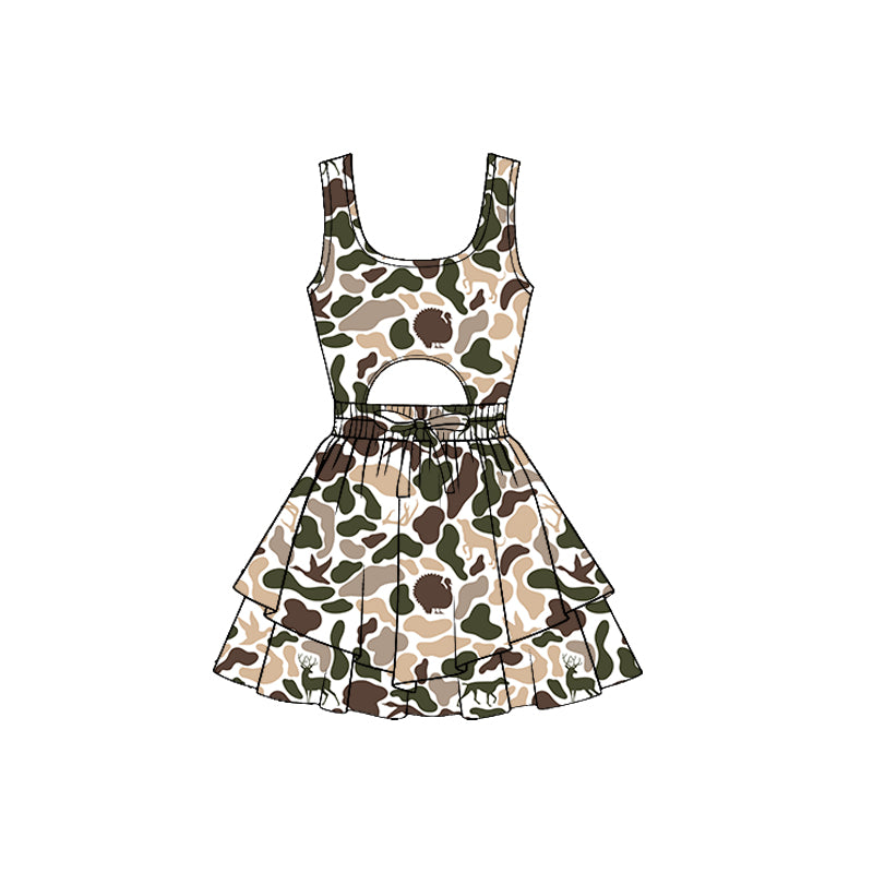 Baby Girls Southern Ducks Deer Camo Sleeveless Vest Ruffle Bottom Yoga Shorts Knee Length Dresses Preorder