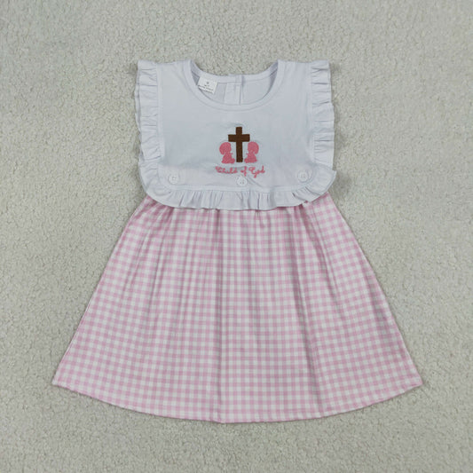 Embroidery Cross Child of God Baby Girls Pink Checked Knee Length Dress