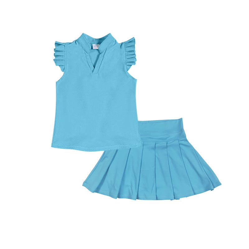 Baby Girls Blue Button Shirts Top Pleated Skirt Shorts Yoga Clothes Sets Preorder