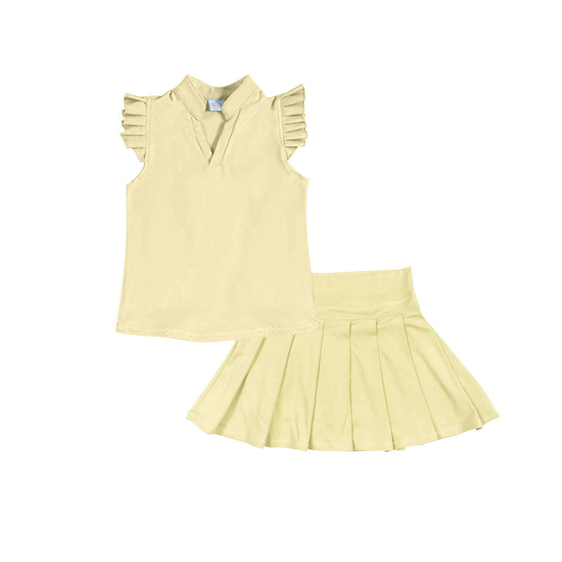 Baby Girls Yellow Button Shirts Top Pleated Skirt Shorts Yoga Clothes Sets Preorder